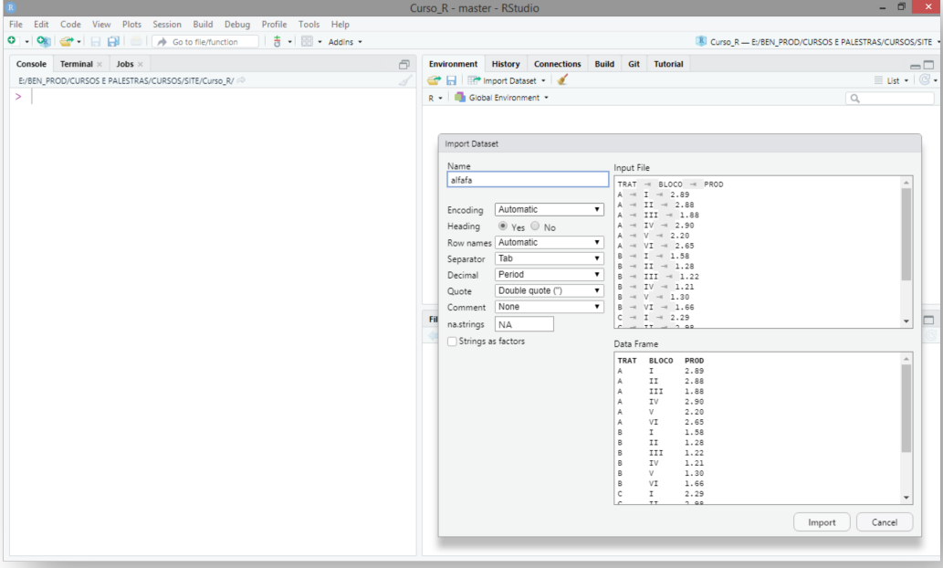 Usando o RStudio para importar dados