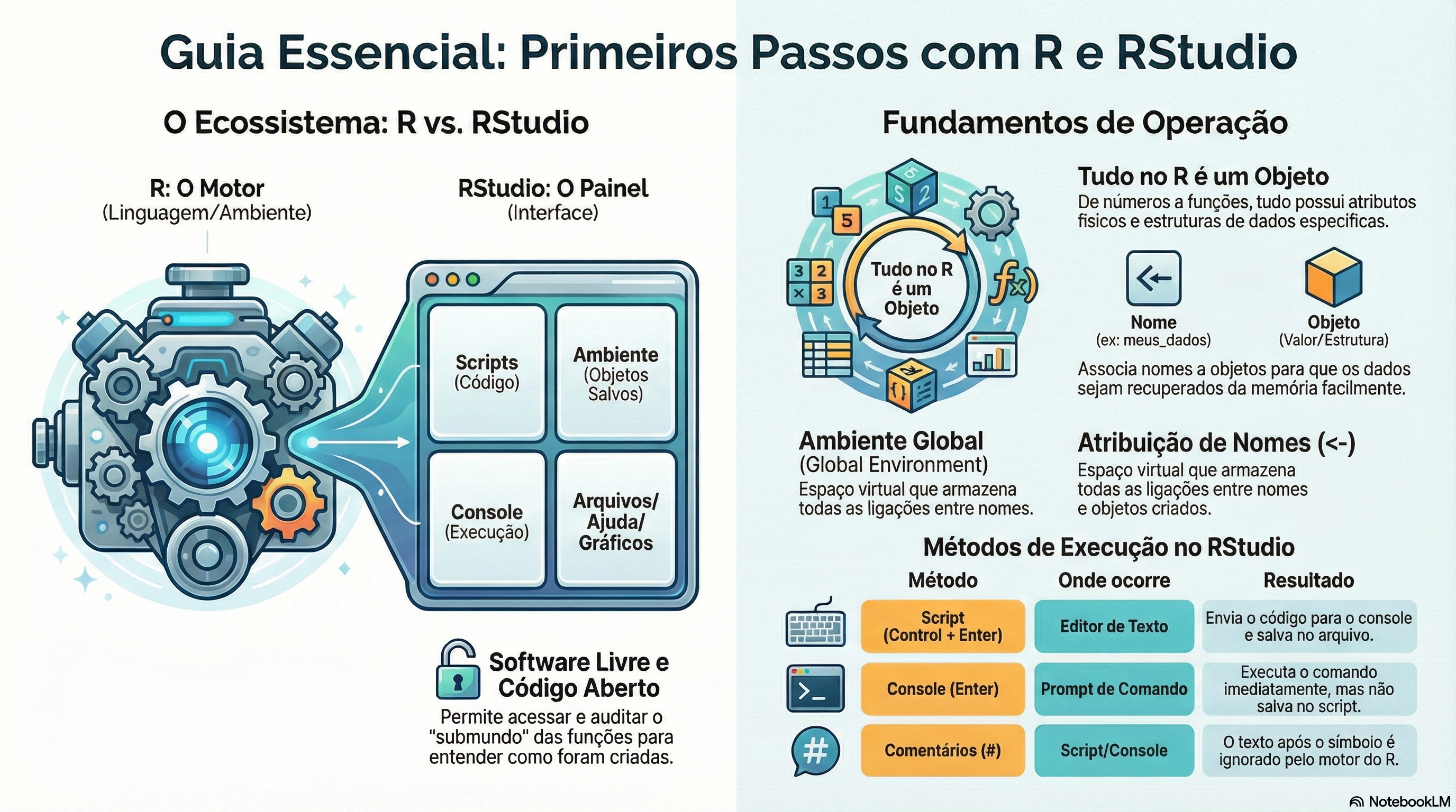 Infográfico 02 (NotebookLM) - Primeiros passos com o R e RStudio.