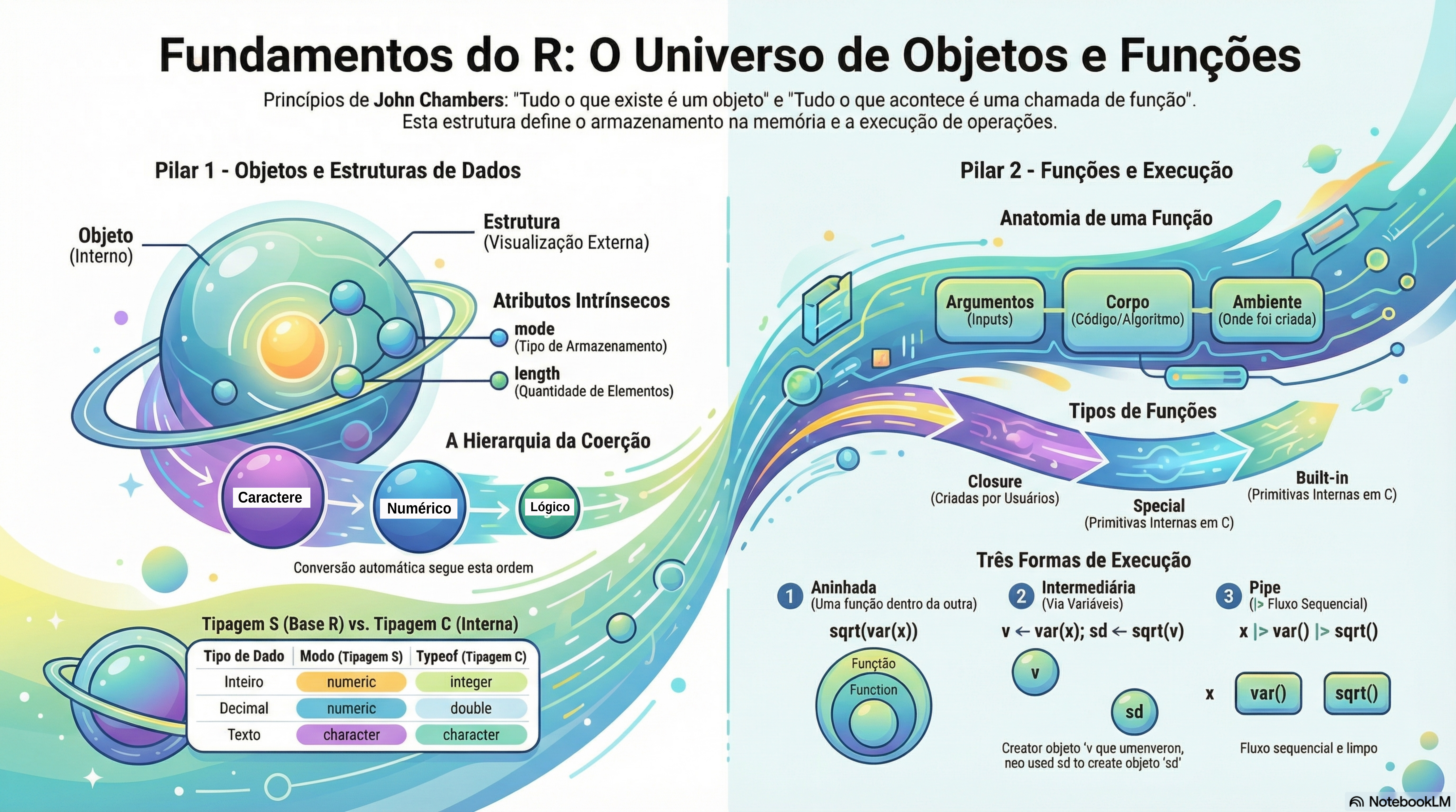 Infográfico 04 (NotebookLM - 2026.1) - Fundamentos do R: O Universo de Objetos e Funções.